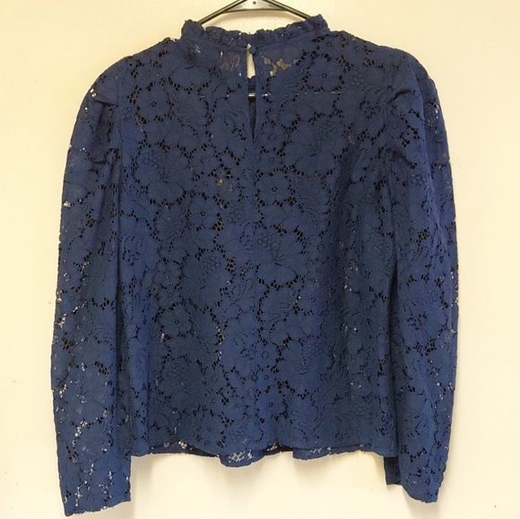 Express Women's Navy Blue Puffed Sleeves Lace Blouse Size S - Picture 2 of 11